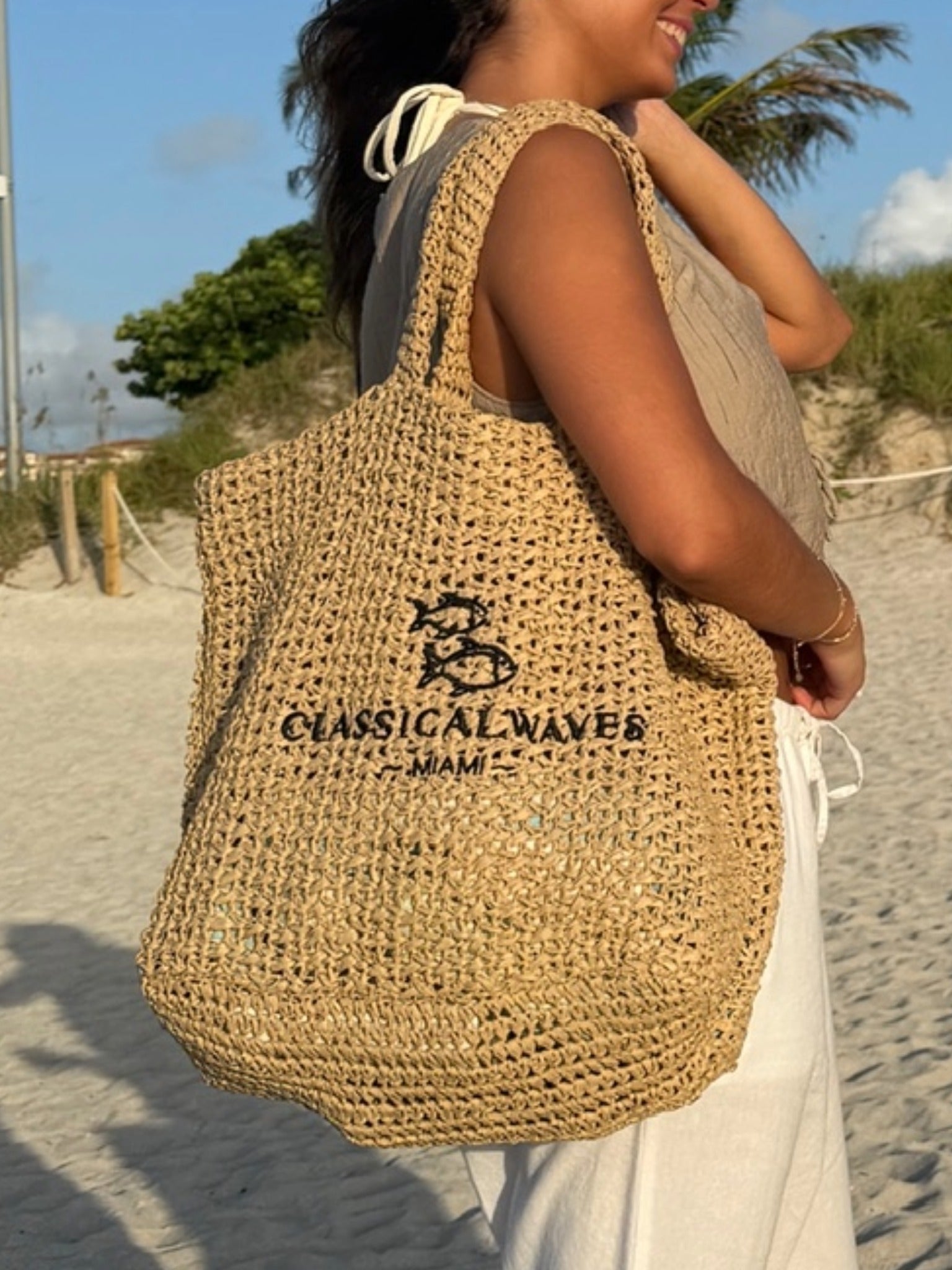 Casual coastal clothing with woven beach bag, summer beachwear collection